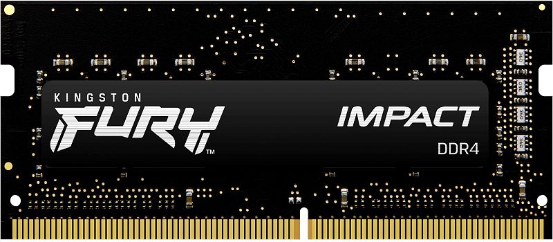 Фото-1 Модуль памяти Kingston FURY Impact 8GB KF432S20IB/8, вид спереди: один модуль SO-DIMM DDR4 на белом фоне. Видны чёрная наклейка FURY IMPACT, чёрная плата, контактная гребёнка и элементы платы по краям. Фото показывает лицевую сторону компактного модуля для страницы товара.