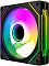 Фото-1 Корпусный вентилятор Bloody CF-12 ARGB120 BK, вид спереди под углом; чёрная рамка с четырьмя монтажными отверстиями, подсветка крыльчатки и боковая световая вставка; изображение на белом фоне для оценки внешнего вида и подсветки вентилятора для корпуса ПК.