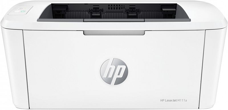 Фото-1 Лазерный принтер HP LaserJet M111a, вид спереди на белом фоне; белая передняя панель с логотипом HP, сверху выходной слот, слева сверху кнопочная панель; показывает внешний вид модели M111a.