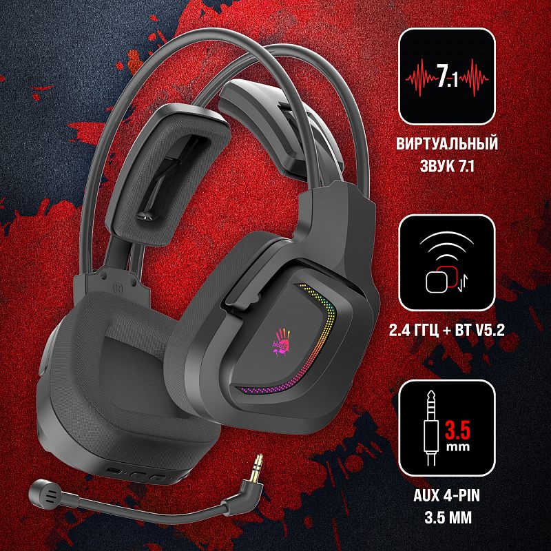 Фото-1 Наушники с микрофоном A4Tech Bloody MR575, чёрная гарнитура спереди-сбоку на красно-чёрном фоне; видны двойное оголовье с внутренней подвесной лентой, тканевые амбушюры, боковая RGB-полоса на чаше и съёмный микрофон с 4‑контактным штекером 3,5 мм; изображение показывает внешний вид и формат подключения модели на странице товара.