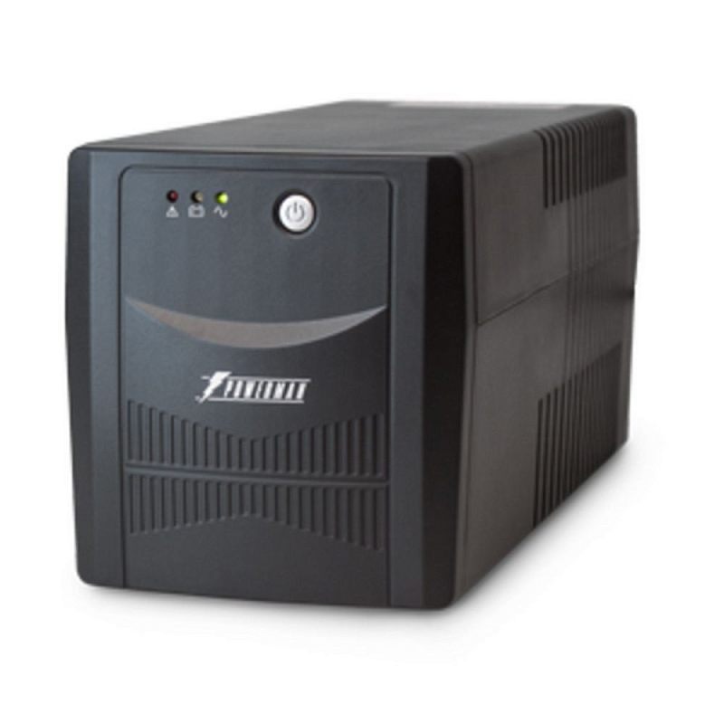 Фото-1 ИБП Powerman Back Pro 1050 VA 6152121, вид спереди справа; чёрный компактный корпус tower, круглая кнопка питания и три световых индикатора на лицевой панели, боковые вентиляционные прорези; основное фото показывает внешний вид устройства.