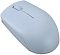 Фото-6 Беспроводная компактная мышь Lenovo 300 Wireless Compact, ракурс сверху слева; видны колесо прокрутки, гладкая верхняя поверхность и плавный переход к боковой панели, голубой цвет, фото помогает оценить верхний контур корпуса