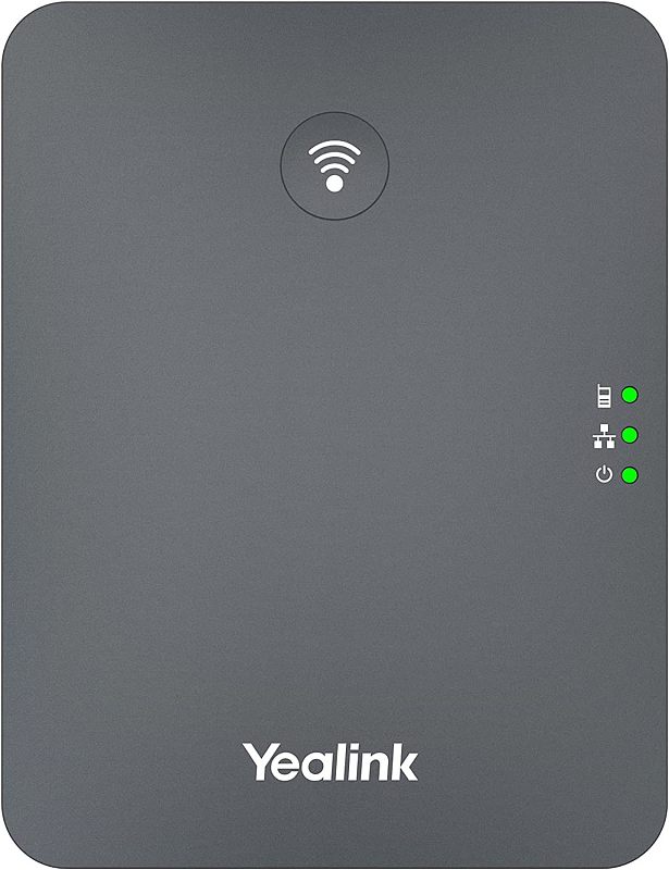 Фото-1 Базовая станция Yealink W70B, фронтальный вид: графитовый корпус с символом беспроводной связи вверху, три зелёных индикатора с пиктограммами справа и логотип Yealink снизу; важно для страницы — показывает внешний вид и расположение индикаторов базовой станции.
