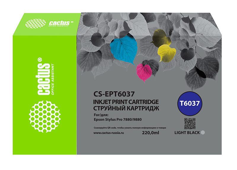 Фото-1 Струйный картридж Cactus CS-EPT6037, коробка в ракурсе спереди слева. Видна широкая коробка с зелёным боковым торцом, серой лицевой панелью, QR-кодом и круглой маркировкой T6037; на упаковке указан объём 220,0 мл и обозначение LIGHT BLACK. Изображение помогает распознать серую версию расходника и его упаковку.