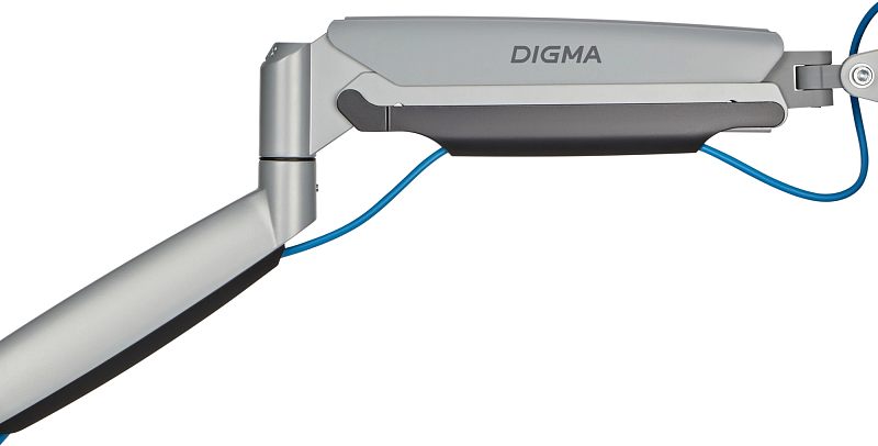 Фото-1 Кронштейн для мониторов DIGMA D-MM302D, крупный план верхней секции; серебристо-серый корпус с логотипом DIGMA, чёрная нижняя накладка и синий кабель под плечом; фото показывает кабель-канал и отделку модели.
