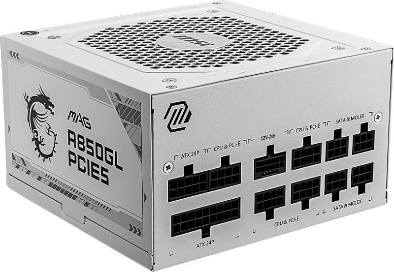 Фото-1 Блок питания для ПК MSI MAG A850GL PCIE5 White, вид под углом на модульную сторону: сверху вентиляционная решётка, спереди панель модульных разъёмов с подписями секций; белый корпус на светлом фоне для общего вида модели на странице товара.