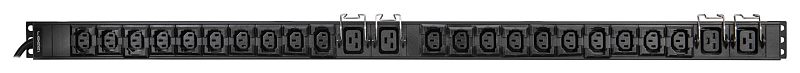 Фото-1 Распределитель питания Ippon PDU Basic 0U, вид спереди: длинная планка с рядом разъёмов IEC, часть разъёмов с металлическими фиксирующими скобами для кабелей; корпус чёрный; контекст — подключение серверных БП в стойке; важно для понимания типа выходных разъёмов и наличия фиксаторов кабеля на странице товара.