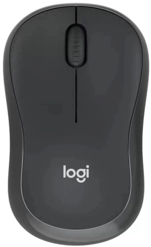 Фото-1 Беспроводная мышь Logitech M240 Silent, тёмно-серая, вид сверху; на фото видны две основные кнопки, центральное колесо прокрутки и логотип logi, что важно для страницы товара с базовой компоновкой модели.