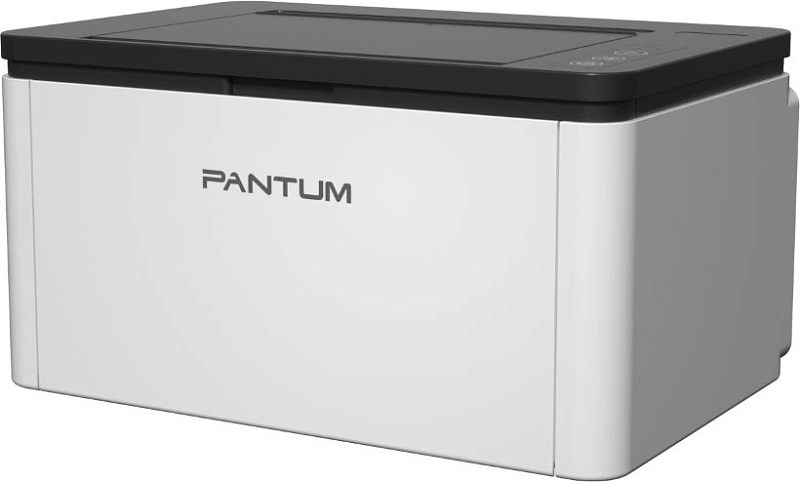 Фото-1 Лазерный принтер Pantum BP1800W, вид спереди справа под углом: белый корпус с чёрной верхней крышкой, видна боковая панель и стык крышки; студийное фото на белом фоне для показа формы корпуса на странице товара.