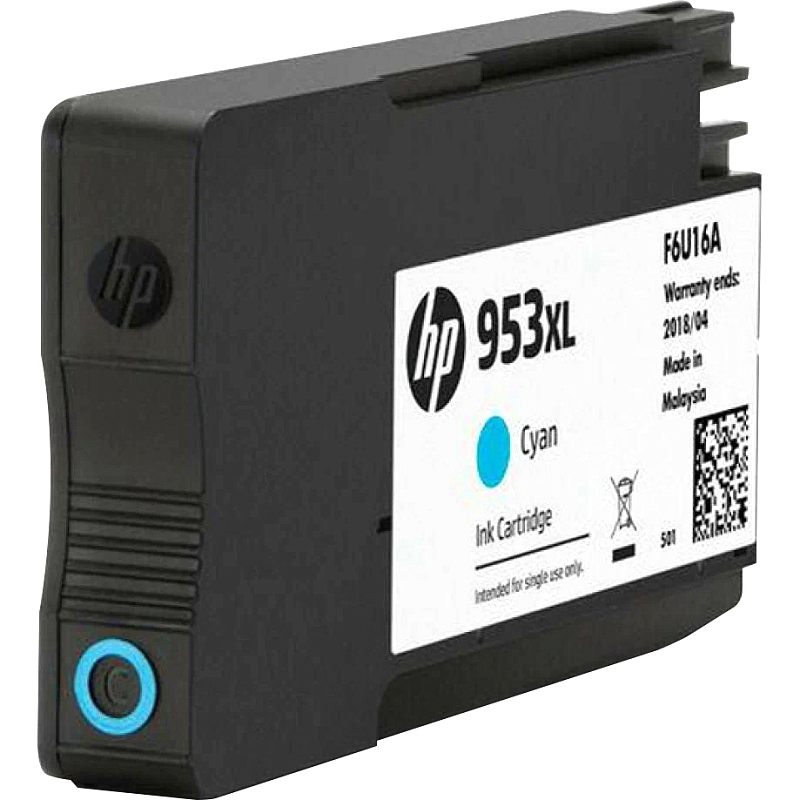 Фото-1 Картридж HP 953XL Cyan, вид спереди справа под углом; чёрный корпус с белой этикеткой, маркировкой 953XL, голубой круглой меткой цвета и рифлёной боковой поверхностью. Изображение показывает сам картридж без упаковки, что важно для проверки формы и модели на странице товара.