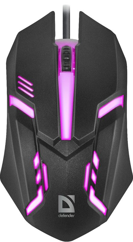 Фото-1 Проводная мышь Defender Cyber MB-560L, вид сверху с включённой фиолетовой подсветкой. На фото чёрный угловатый корпус, рифлёное колесо прокрутки, светящаяся центральная полоса и боковые световые элементы; изображение важно для карточки товара, чтобы показать форму игровой модели и рисунок подсветки.
