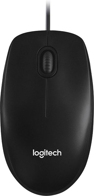 Фото-1 Мышь Logitech M100, вид сверху; чёрный симметричный корпус, центральное колесо прокрутки в овальной рамке, провод выходит по центру спереди, внизу логотип Logitech; фото показывает базовую компоновку проводной мыши на странице товара.