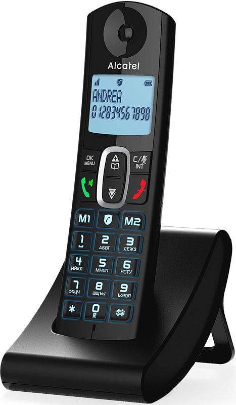 Фото-1 Радиотелефон DECT Alcatel F685, ракурс 3/4: трубка на базе с наклонной подставкой, голубая подсветка клавиатуры, кнопки M1/M2; на белом фоне; важно для оценки расположения быстрых клавиш и подсветки.