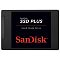 Фото-1 SSD SanDisk Plus SDSSDA-250G-G28, фронтальный вид 2.5 SATA 250 GB на светлом фоне; показан чёрный корпус с большой белой этикеткой SanDisk Plus, красным акцентом и прямоугольной формой 2.5-дюймового накопителя. Полезно для страницы, потому что показывает внешний вид корпуса и читаемую маркировку модели.