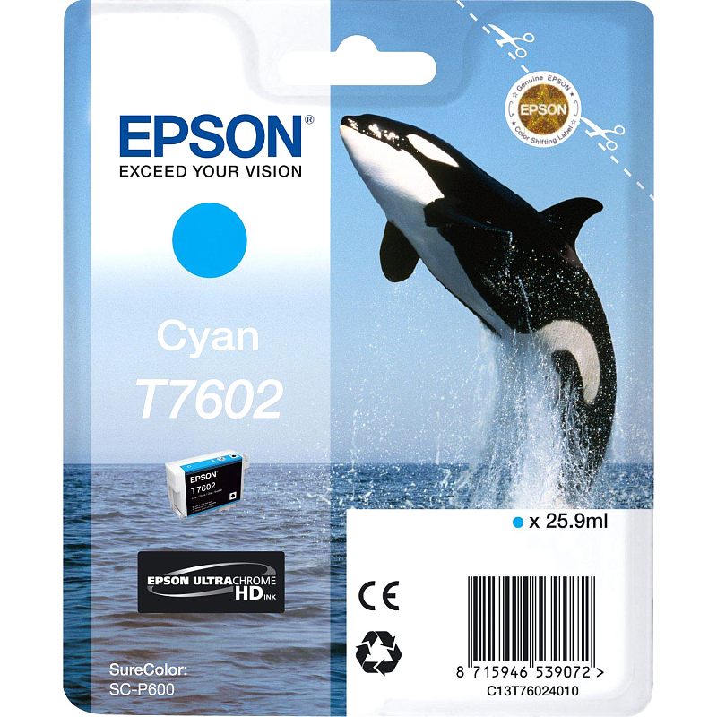 Фото-1 Картридж Epson T7602 Cyan 25.9 мл, фронтальный вид блистера; упаковка с изображением косатки, голубой цветовой меткой, маркировкой T7602, штрихкодом и логотипом UltraChrome HD Ink. Фото показывает цвет и серию картриджа, что важно для выбора расходника на странице товара.