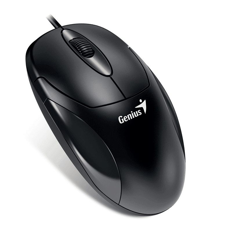 Фото-1 Мышь Genius X-Scroll V3 G5, вид сверху под углом; на фото чёрная проводная мышь с округлым корпусом, центральным колесом прокрутки, разделёнными кнопками и кабелем, выходящим спереди; изображение для карточки товара показывает классическую форму корпуса и расположение основных элементов.