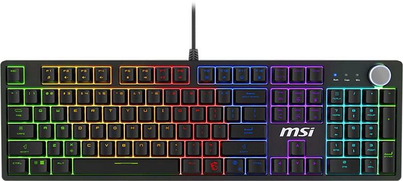 Фото-1 Механическая клавиатура MSI GK320, вид сверху; полноразмерная раскладка с цифровым блоком, круглый регулятор в правом верхнем углу и многоцветная подсветка по зонам, чёрный корпус; изображение показывает общий внешний вид модели для карточки товара.