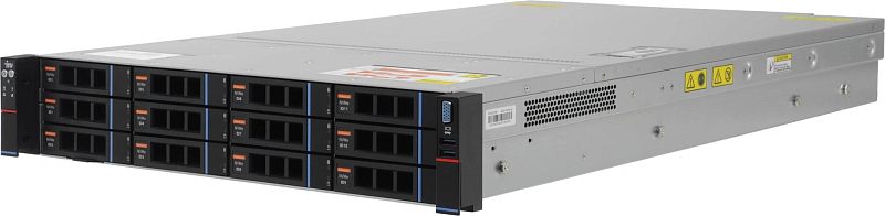 Фото-1 Сервер iRU G2212IG5 12x3.5 Rack 2U, вид спереди слева; серебристо-чёрный корпус с двенадцатью фронтальными отсеками NVMe в три ряда, вентиляцией на боковой стенке и наклейками на крышке; показывает внешний вид шасси и переднюю панель для страницы товара.