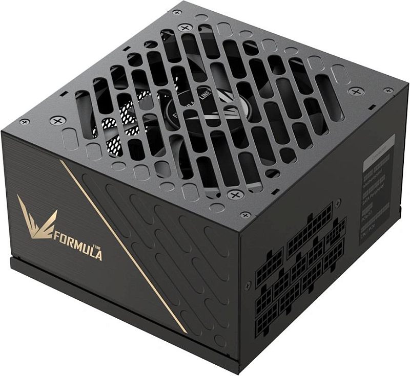Фото-1 Блок питания для ПК Formula FV-1200GM Gen 5 1200 Вт, общий ракурс сверху и сбоку; на фото чёрный корпус ATX с крупной верхней решёткой, логотипом Formula на боковой панели и модульными разъёмами на торце; важно для страницы товара как общий вид модели и компоновки разъёмов.
