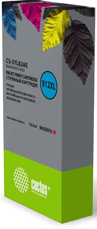 Фото-1 Струйный картридж Cactus CS-3YL82AE, пурпурный, 10,5 мл — коробка в ракурсе спереди-слева; видны код 912XL, маркировка Magenta, серый корпус упаковки и зелёная нижняя часть с логотипом; фото показывает боковой ракурс упаковки для карточки товара.