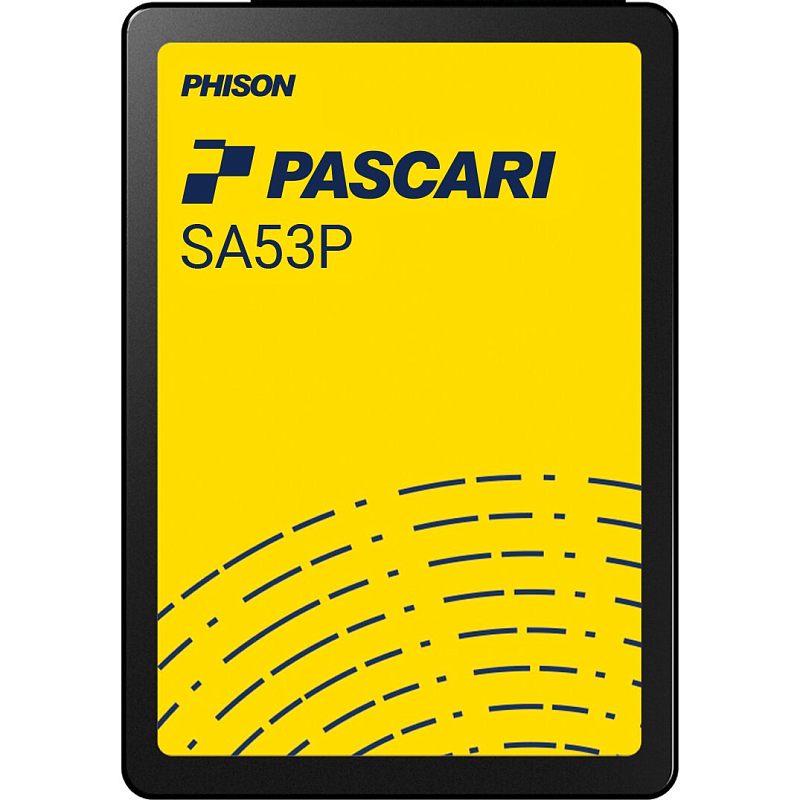 Фото-1 SSD Phison Pascari SA53P S1201Y03480GP02512G00, фронтальный вид 2.5 SATA 480 GB; показана жёлтая лицевая этикетка с синей маркировкой PASCARI SA53P и чёрная рамка корпуса. Полезно для страницы, потому что позволяет быстро распознать модель и форм-фактор.