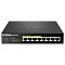 Фото-3 Коммутатор D-Link DGS-1008P, фронтальный вид. На фото 8 портов RJ-45 на лицевой панели, выделенная зона PoE, индикаторы Power и PoE Max слева, чёрный металлический корпус. Изображение подчёркивает портовую конфигурацию для страницы товара.