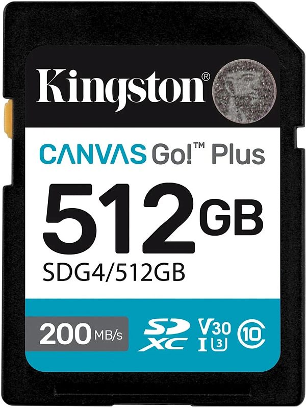 Фото-1 Карта памяти SDXC Kingston Canvas Go! Plus 512GB — крупный план лицевой стороны SD‑карты: чёрный корпус, бело‑бирюзовая этикетка Canvas Go! Plus, обозначение 512GB, маркировки SDXC и V30; изображение важно для идентификации SD‑карты по ёмкости