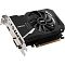 Фото-4 Видеокарта MSI GeForce GT 1030 AERO ITX 2GD4 OC, ракурс спереди и сбоку; видны вентилятор, кожух AERO, золотистый PCIe-контакт и разъёмы на интерфейсной планке; чёрная карта на светлом фоне, фото важно для карточки товара, потому что показывает толщину и компоновку.