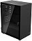 Фото-2 Корпус ПК AeroCool CS‑111‑G‑BK V1, вид спереди-сбоку: прозрачная боковая панель и задний вентилятор с чёрной крыльчаткой, сверху панель разъёмов на перфорированной крышке; показан внешний вид корпуса и расположение вентилятора.