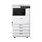 Фото-2 МФУ Canon imageRUNNER 2930i, вид спереди без автоподатчика: белый корпус, чёрная зона выхода слева, сверху панель управления на тёмной полосе, снизу четыре лотка 1–4; помогает понять расположение панели и лотков подачи.