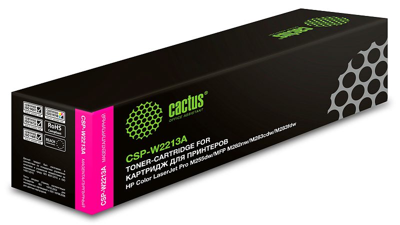 Фото-1 Тонер-картридж Cactus CSP-W2213A, пурпурный, коробка в ракурсе спереди-слева. На фото длинная чёрная упаковка с пурпурной боковой полосой, зелёным логотипом и маркировкой MAGENTA на торце. Изображение показывает упаковку и цветовую идентификацию картриджа, что важно для страницы расходного материала.