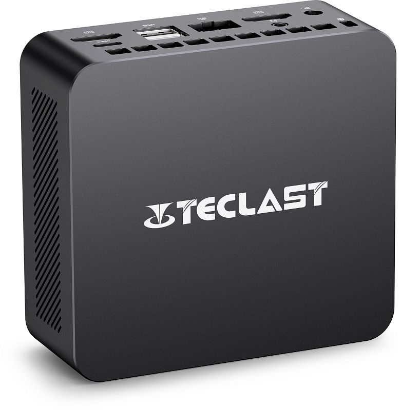 Фото-1 Настольный компьютер Teclast B01 mini PC, вид спереди слева. На фото компактный чёрный корпус с закруглёнными углами, логотипом TECLAST на боковой панели, верхними портами и боковыми вентиляционными прорезями. Изображение показывает внешний вид мини-ПК и расположение интерфейсов на верхней грани.