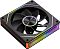 Фото-4 Корпусный вентилятор PCCooler FG120R 120 мм FG120R ARGB BK, низкий ракурс спереди, тёмно-серая рамка, девять чёрных лопастей, радужное кольцо на центральной крышке и световые линии по периметру корпуса, предметная съёмка на светлом фоне для страницы товара, чтобы показать профиль вентилятора и декоративные элементы рамки.
