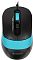 Фото-6 Мышь из комплекта A4Tech F1010 Blue, ракурс под углом: чёрный корпус с голубым колесом прокрутки и голубой боковой вставкой с рифлением, провод и USB-штекер в кадре; изображение показывает форму мыши и элементы управления.