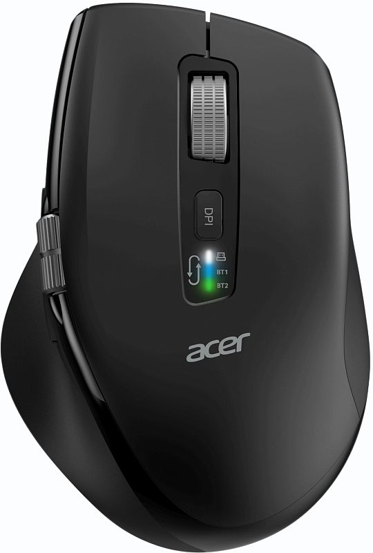 Фото-1 Беспроводная мышь Acer OMR406, вид сверху; показаны чёрный корпус, серебристое колесо прокрутки, кнопка DPI и световые индикаторы BT1/BT2 под центральной вставкой; фото важно для страницы товара, так как показывает верхние органы управления.