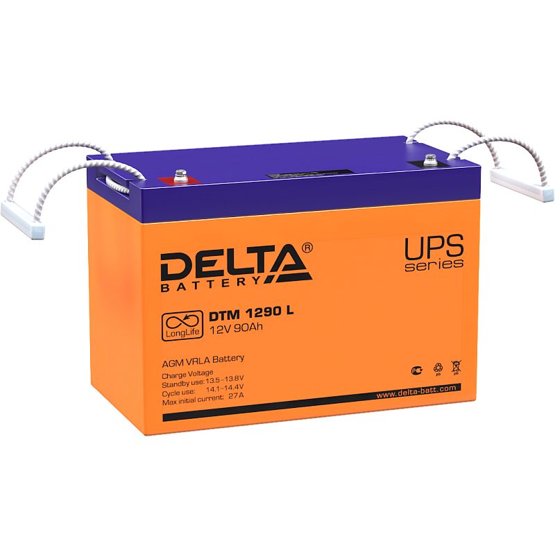 Фото-1 Аккумулятор Delta DTM 1290 L для ИБП, вид спереди под углом; видны оранжевый корпус, синяя верхняя крышка, клеммы сверху и переносные шнуры на выводах. Оранжевый, синий и белый цвет. Изображение для карточки товара, чтобы показать тип аккумулятора и расположение клемм.