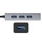 Фото-3 USB-хаб ExeGate DUB-4 EX293981RUS, крупный план портов: серебристый алюминиевый корпус показан сбоку с тремя синими портами USB-A на длинной грани и отдельным входным портом USB-A на торце, встроенный кабель выходит слева; изображение показывает расположение интерфейсов для страницы о USB-концентраторе.