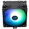 Фото-3 Кулер Thermalright Assassin X Refined SE ARGB AX120 R SE ARGB, вид спереди сверху; ARGB-вентилятор с сине-зелёной подсветкой закрывает радиатор, сверху видна чёрная крышка с маркировкой Thermalright и колпачки тепловых трубок, чёрно-серебристый цвет; для страницы товара показывает верхнюю часть кулера и работу подсветки.