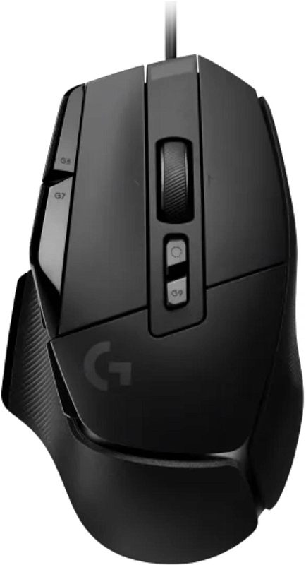 Фото-1 Проводная мышь Logitech G502 X, вид сверху на белом фоне; чёрный асимметричный корпус с кабелем, рифлёным колесом прокрутки, двумя кнопками под колесом и дополнительными кнопками G8 и G7 слева; изображение для страницы товара, чтобы показать верхнюю компоновку и набор органов управления модели.