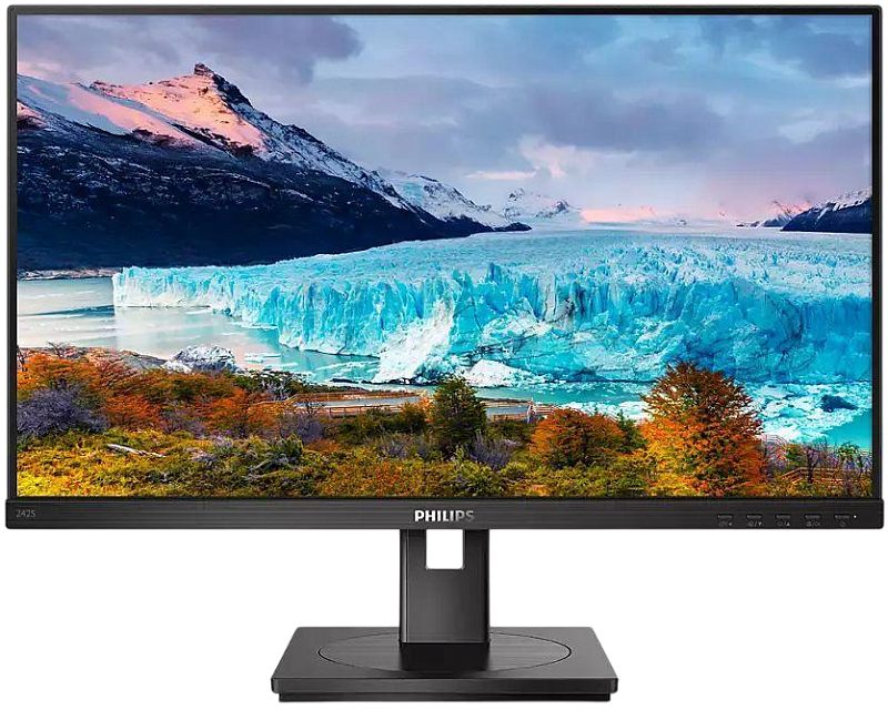 Фото-1 Монитор Philips 242S1AE: вид спереди; тонкие рамки, логотип Philips по центру нижней рамки, справа кнопки управления, чёрная стойка с прямоугольным отверстием и квадратное основание; на экране пейзаж с ледником — важно для страницы товара, чтобы показать фронтальный вид и элементы управления.