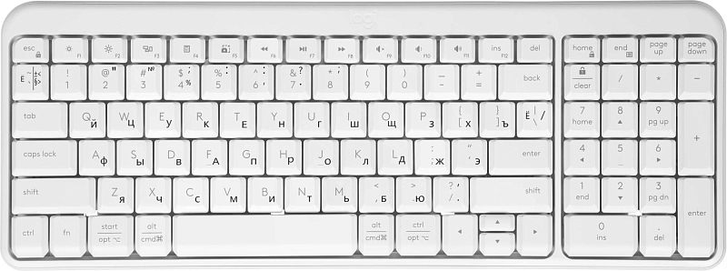 Фото-1 Мембранная клавиатура Logitech K251, вид сверху; белая беспроводная полноразмерная клавиатура с цифровым блоком показана для страницы товара.