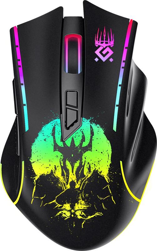 Фото-1 Беспроводная мышь Defender Kronos GM-695, чёрная, вид сверху; высокий игровой корпус с цветным рисунком на спинке, подсвеченные боковые линии и блок колеса с двумя кнопками под ним; фото показывает декоративную графику и конструкцию кнопок модели.