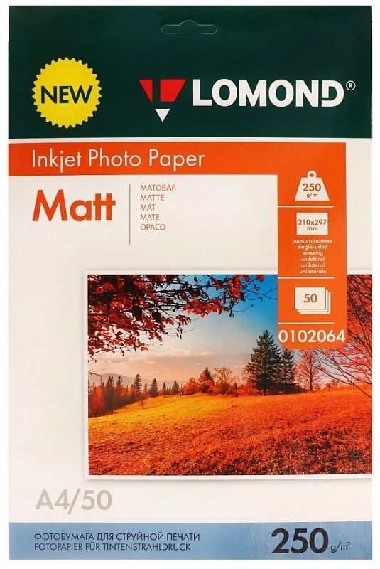 Фото-1 Фотобумага Lomond 0102064 A4 50 листов 250 г/м²: лицевая сторона упаковки «Inkjet Photo Paper Matt», тёмно‑зелёная верхняя полоса Lomond и оранжевый блок с параметрами, фото осеннего поля; на белом фоне, важно для выбора матовой бумаги A4 нужной плотности.
