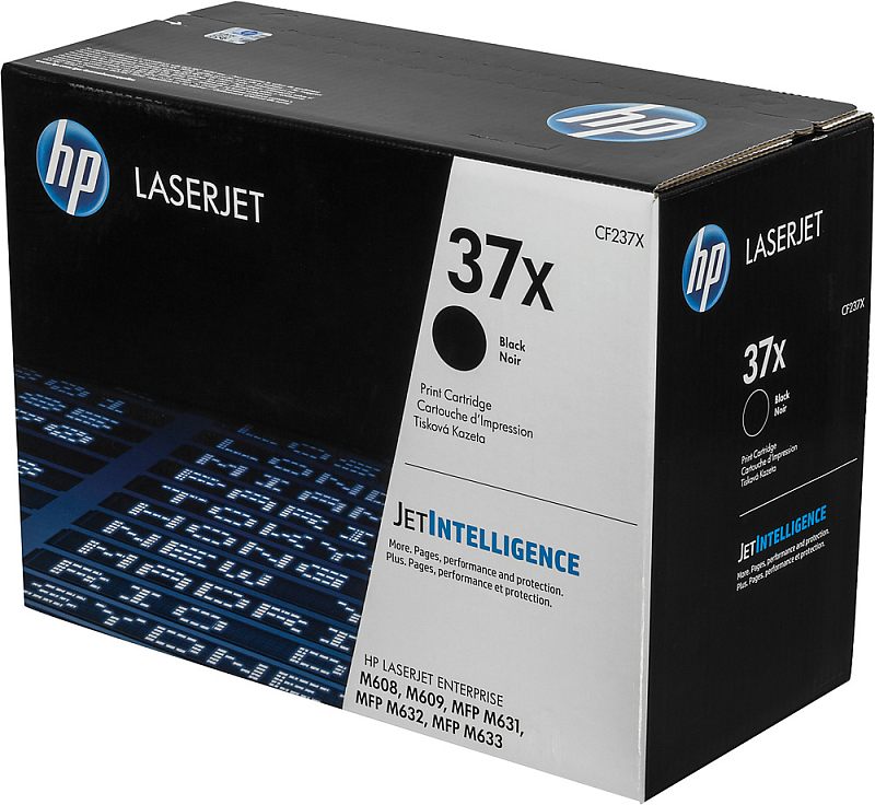 Фото-1 Лазерный картридж HP 37X CF237X чёрный на 25000 стр., коробка в ракурсе спереди сбоку; видна чёрно-белая упаковка HP LaserJet с маркировкой 37x, кругом Black и логотипом JetIntelligence, на боковой стороне повторена модель; изображение помогает определить упаковку и серию картриджа на странице товара.