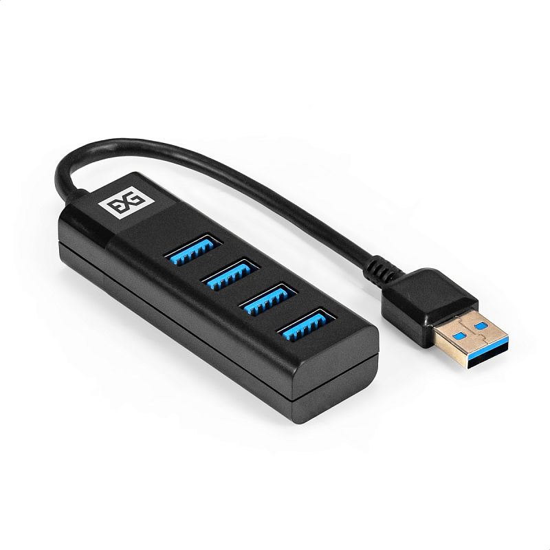 Фото-1 USB-хаб Exegate DUB-4TP, вид сверху под углом: четыре порта USB-A с синими вставками, подключенный кабель, чёрный корпус; показывает тип портов для подключения устройств.