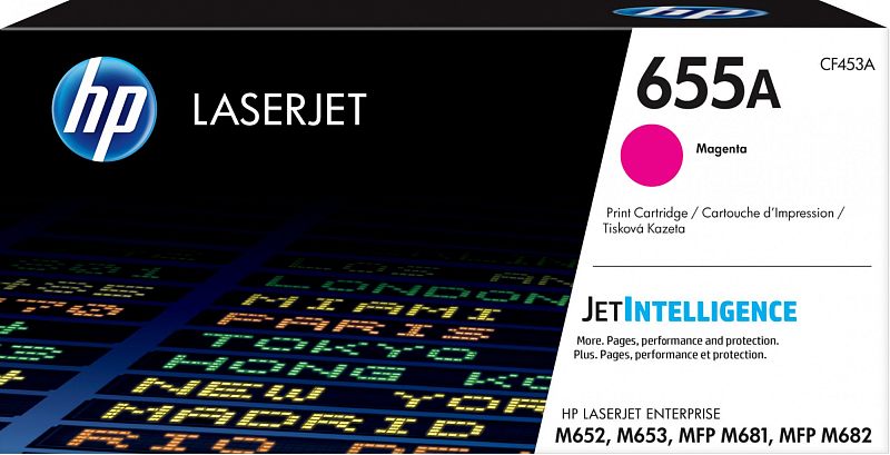 Фото-1 Картридж HP 655A CF453A, пурпурный, упаковка спереди; на фото фирменная коробка HP LaserJet с крупной маркировкой 655A, пурпурным цветовым кругом и надписью JetIntelligence; изображение важно для идентификации модели и цветового исполнения на странице товара.