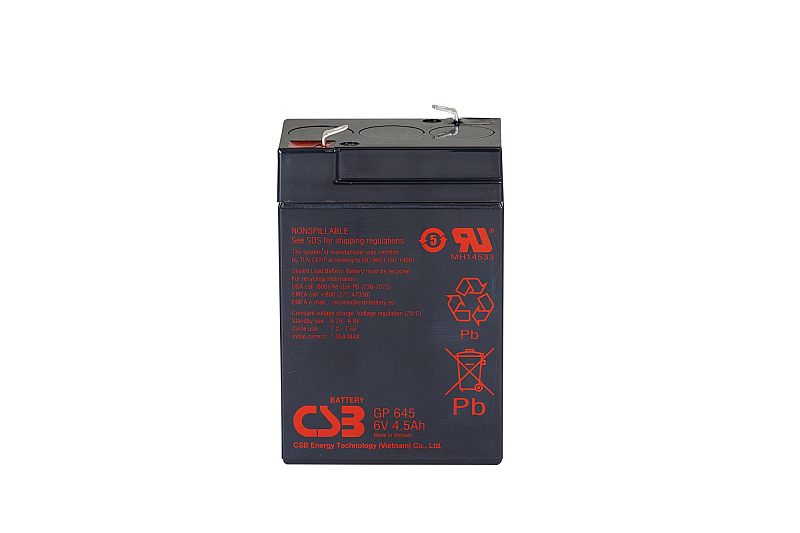 Фото-1 Батарея для ИБП CSB GP645 6V — фронтальный вид, узкий высокий чёрный корпус, маркировка CSB GP 645 6V 4.5Ah, верхние плоские клеммы; важно для подбора аккумулятора по форм‑фактору и типу клемм для дежурных систем
