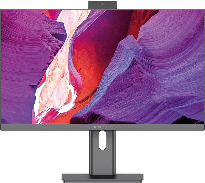 Фото-1 Моноблок DIGMA PRO Unity 27 DM27P5-ADXW04, вид спереди на светлом фоне. На фото тонкорамочный экран с серой нижней рамкой DIGMA PRO, выдвижная веб-камера сверху и металлическая стойка с овальным кабельным отверстием. Изображение показывает фронтальный дизайн и расположение камеры для страницы товара.