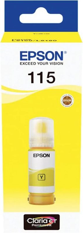 Фото-1 Чернила Epson 115 C13T07D44A, фронтальный вид коробки: бело-жёлтая узкая упаковка с синей подвесной частью, маркировкой 115 и изображением жёлтого флакона; для страницы жёлтых чернил Epson и распознавания модели по лицевой стороне коробки.