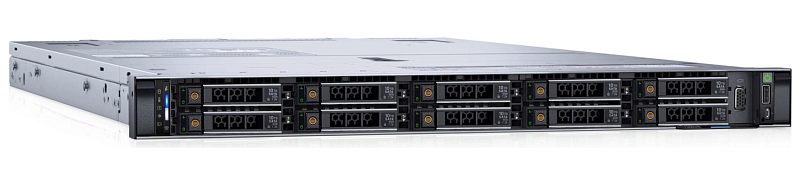 Фото-1 Сервер Dell PowerEdge R6625, вид спереди под углом: десять отсеков hot‑swap 2,5″ (2×5), справа вертикальная панель управления и фронтальные разъёмы; чёрная лицевая панель на белом фоне, подчёркивает конфигурацию накопителей для установки в стойку.